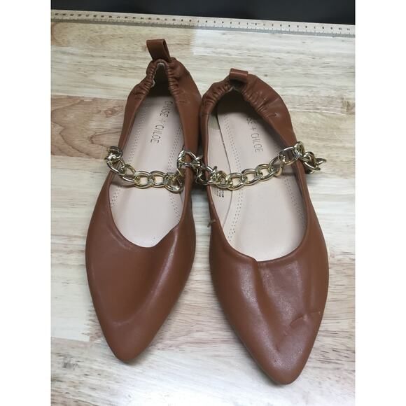 Chase + Chloe Casey 1 Flats Women's 8 Brown Leather with Gold Chain Pointed Toe - Picture 1 of 10